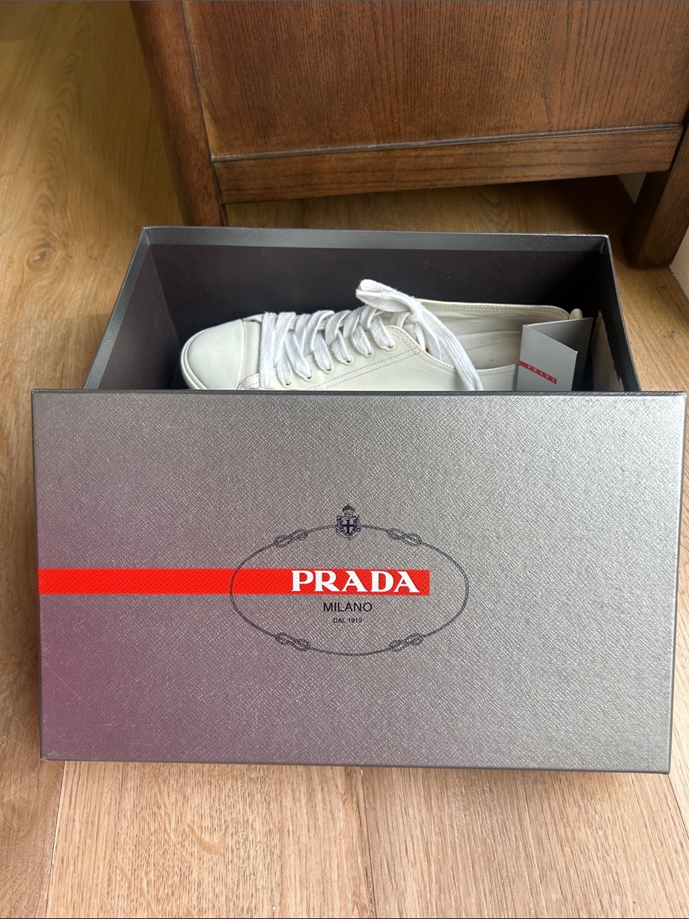 Prada White Leather Sneakers with Red Logo Detail - Picture 11 of 13